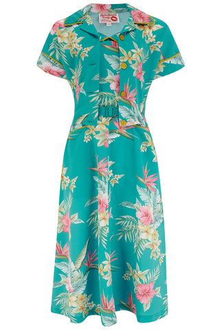 The "Lucille" 2pc Sweetheart Dress & Bolero Set In Teal Honolulu & Mustard Contrast, True Late 1940s - Early 50s Vintage Style