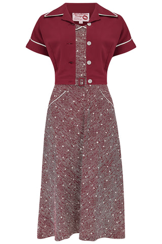 The "Lucille" 2pc Sweetheart Dress & Bolero Set In Wine Ditzy, True Late 1940s - Early 50s Vintage Style