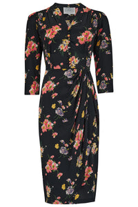 "Mabel" Dress in Black Mayflower Print with 3/4 length sleeve, A Classic 1940s Inspired Vintage Style
