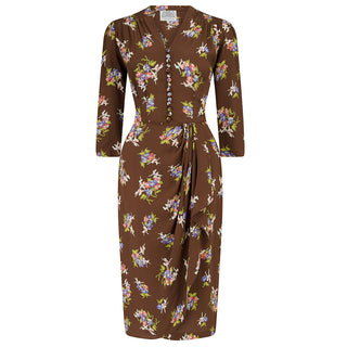 "Mabel" 3/4 Length Sleeve Waterfall Dress in Brown Floral Dancer, A Classic 1940s Inspired Vintage Style
