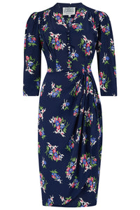 "Mabel" 3/4 Sleeve Dress in Navy Floral Dancer, A Classic 1940s True Vintage Inspired Style