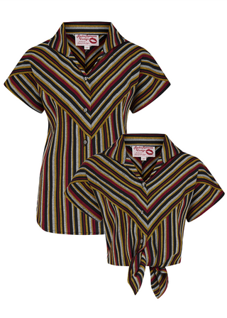 **Limited Edition** The "Maisy" Tuck in or Tie Up Blouse in 100% Cotton Black Multi Stripe, Classic Vintage Western Style