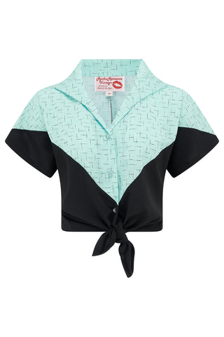 The "Maisy" Tuck in or Tie Up Blouse in Black & Atomic Stitch, Classic 50s Vintage  Style