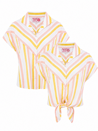 **Limited Edition** The "Maisy" Tuck in or Tie Up Blouse in Peach & Sunflower Stripe, 100% Cotton