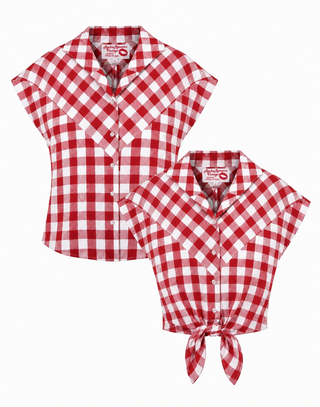 **Limited Edition** The "Maisy" Tuck in or Tie Up Blouse in Red Gingham, 100% Cotton