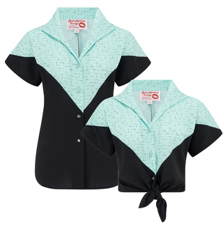 The "Maisy" Tuck in or Tie Up Blouse in Black & Atomic Stitch, Classic 50s Vintage  Style