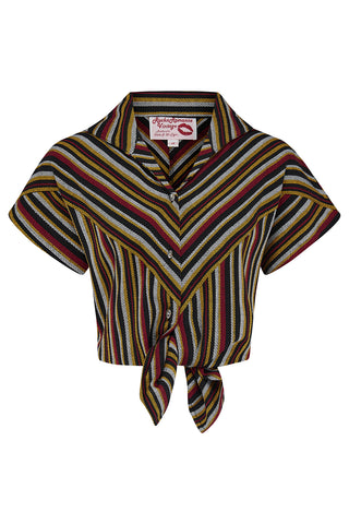 **Limited Edition** The "Maisy" Tuck in or Tie Up Blouse in 100% Cotton Black Multi Stripe, Classic Vintage Western Style - Vintage Clothing, CC41, Dress For Goodwood Revival, Vintage Outfit, Twinwood Festival Outfit, Viva Las Vegas Rockabilly Weekend Rock n Romance Rock n Romance