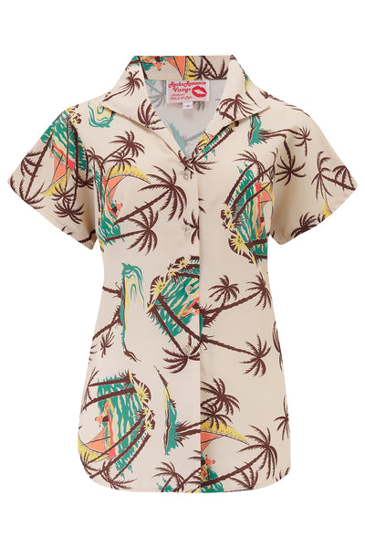 Tuck in or Tie Up "Maria" Blouse in Tahiti Print, Authentic 1940s-50s