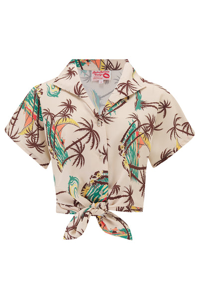 „Maria“-Bluse mit Tahiti-Print zum Einstecken oder Binden, authentisch aus den 1940er- und 50er-Jahren 