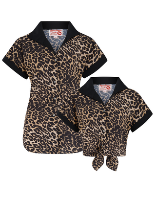 Tuck in or Tie Up "Maria" Blouse in Leopard Print With Black Contrasts, Authentic 1950s