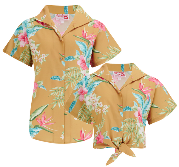 Tuck in or Tie Up "Maria" Blouse in Mustard Honolulu Print, Authentic 1950s