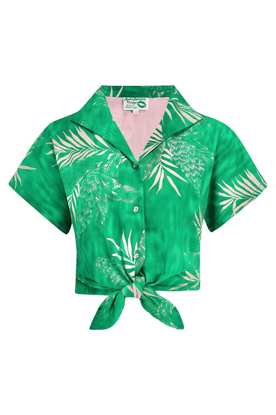 Rentrez ou attachez le chemisier « Maria » en imprimé palmier émeraude, style authentique des années 1950