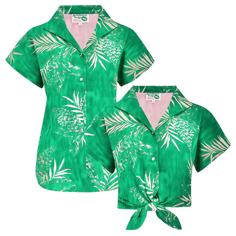 Rentrez ou attachez le chemisier « Maria » en imprimé palmier émeraude, style authentique des années 1950
