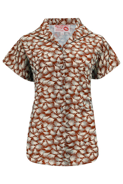 Tuck in or Tie Up "Maria" Blouse in Cinnamon Whisp Print, Authentic 1950s