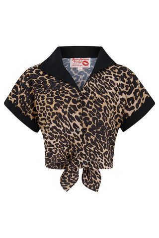 Tuck in or Tie Up "Maria" Blouse in Leopard Print With Black Contrasts, Authentic 1950s