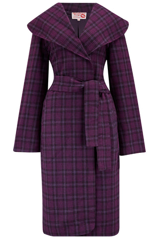 *Édition limitée exclusive* Le manteau portefeuille « Monroe » en 100 % laine, carreaux violets tissés. Vrai et authentique fin des années 1940, style vintage du début des années 50