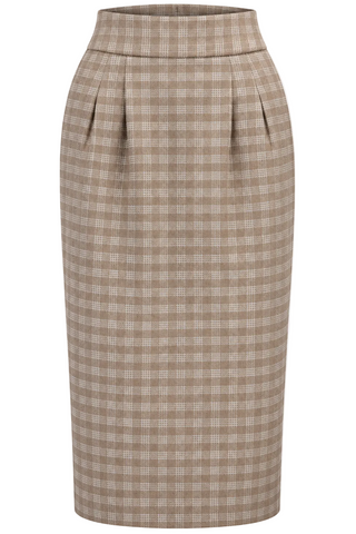 RnR "Luxe" Range"Jitterbug" Pencil Skirt with Kick-Pleat in Cream and Beige Check, Iconic 1940s Vintage Style (Ref No.116)