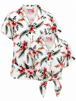 The "Maria" Tuck in or Tie Up Blouse in Hibiscus Print, Classic 50s Vintage Style