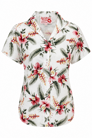 The "Maria" Tuck in or Tie Up Blouse in Hibiscus Print, Classic 50s Vintage Style