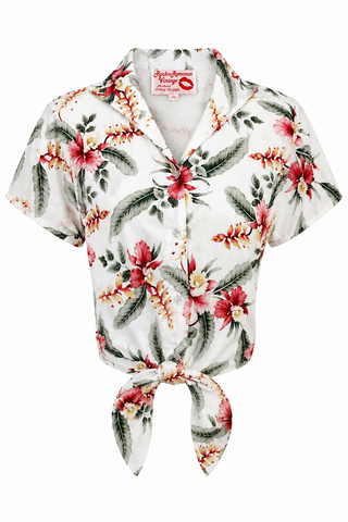The "Maria" Tuck in or Tie Up Blouse in Hibiscus Print, Classic 50s Vintage Style