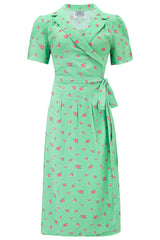 Das Wickelkleid „Peggy“ mit Mint-Rosen-Print, klassischer echter Vintage-Stil der 1940er Jahre