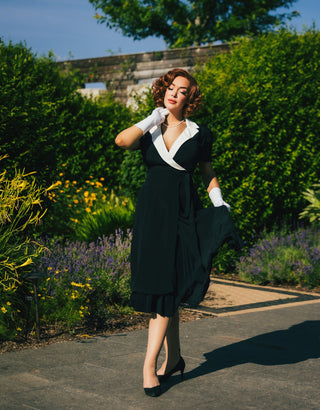 "Peggy" Wrap Dress in Black with Cream Contrast Collar, Classic 1940s Vintage Style