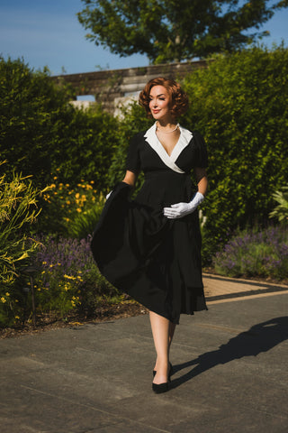 "Peggy" Wrap Dress in Black with Cream Contrast Collar, Classic 1940s Vintage Style