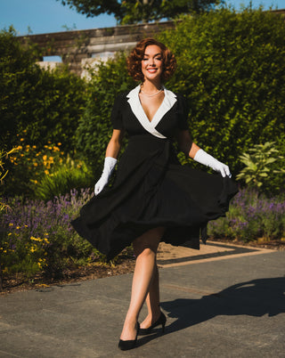 "Peggy" Wrap Dress in Black with Cream Contrast Collar, Classic 1940s Vintage Style