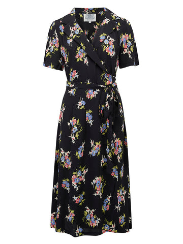 "Peggy" Wrap Dress in Black Floral Dancer Print, Classic 1940s Vintage Inspired - True and authentic vintage style clothing, inspired by the Classic styles of CC41 , WW2 and the fun 1950s RocknRoll era, for everyday wear plus events like Goodwood Revival, Twinwood Festival and Viva Las Vegas Rockabilly Weekend Rock n Romance The Seamstress of Bloomsbury
