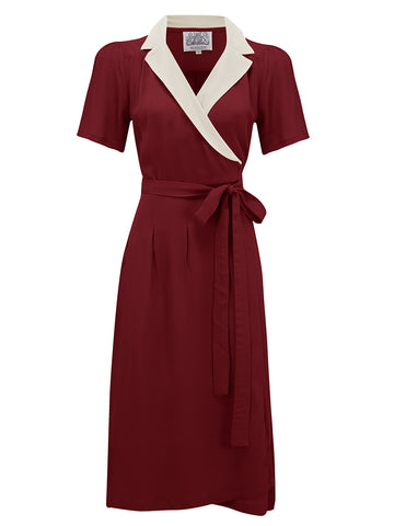 "Peggy" Wrap Dress in Wine with Cream Contrast Collar, Classic 1940s Vintage Style