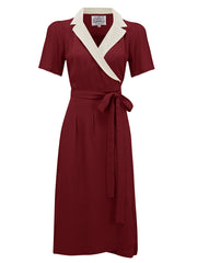 Robe portefeuille « Peggy » en vin avec col contrasté crème, style vintage classique des années 1940