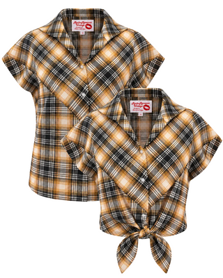 RnR "Luxe" Range The "Maisy" Tuck in or Tie Up Blouse in Black and Mustard 100% Brushed Cotton Check (9)