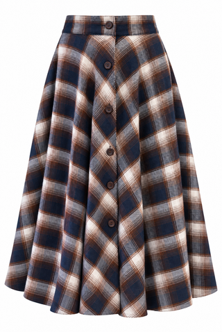 RnR "Luxe" Range "Beverly" Button Front Full Circle Skirt with Pockets, Navy and Brown, 100% Brushed Cotton Check, True 1940s Vintage Style (Cotton No.7)