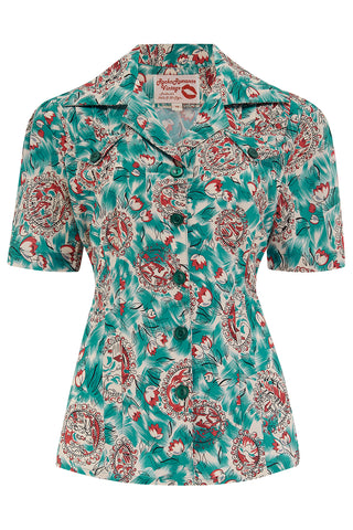 The "Polly" Short Sleeve Blouse in Summer Breeze Print, Classic 1940s Vintage Style