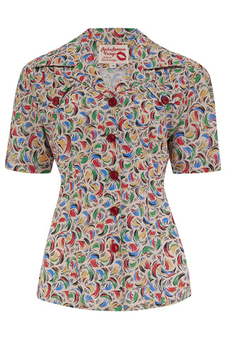 The "Polly" Short Sleeve Blouse in Tutti Frutti Print, Classic 1940s Vintage Style