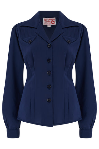 The "Polly" Long Sleeve Blouse in Navy, Classic 1940s Vintage Style