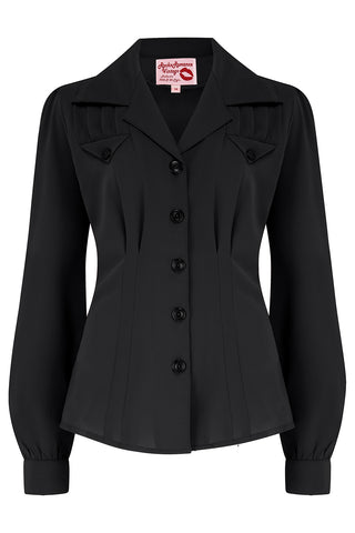 The "Polly" Long Sleeve Blouse in Secret Black, Classic 1940s Vintage Style