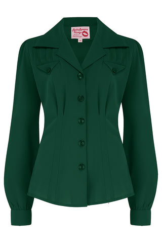 The "Polly" Long Sleeve Blouse in Secret Green, Classic 1940s Vintage Style