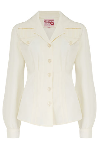 The "Polly" Long Sleeve Blouse in Antique White, Classic 1940s Vintage Style