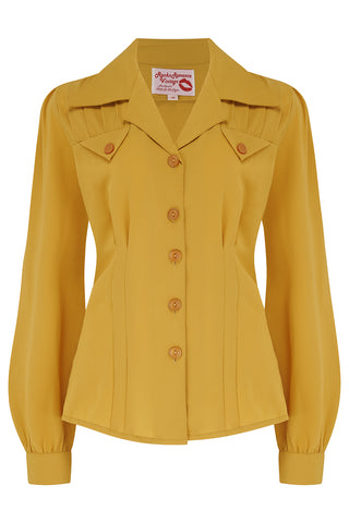 The "Polly" Long Sleeve Blouse in Secret Mustard, Classic 1940s Vintage Style