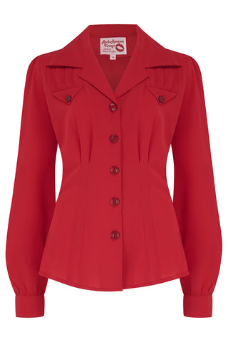 The "Polly" Long Sleeve Blouse in Red, Classic 1940s Vintage Style