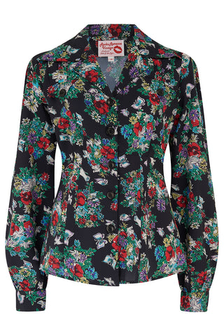 The "Polly" Long Sleeve Blouse in Secret Garden Print, Classic 1940s Vintage Style