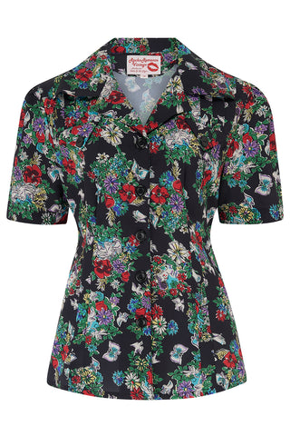 The "Polly" Short Sleeve Blouse in Secret Garden Print, Classic 1940s Vintage Style