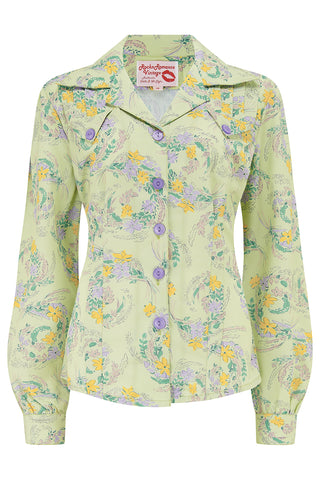 The "Polly" Long Sleeve Blouse in Meadow Lane Print, Classic 1940s Vintage Style