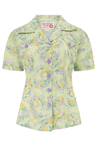 The "Polly" Short Sleeve Blouse in Meadow Lane Print, Classic 1940s Vintage Style