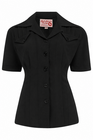 The "Polly" Short Sleeve Blouse in Black, Classic 1940s Vintage Style
