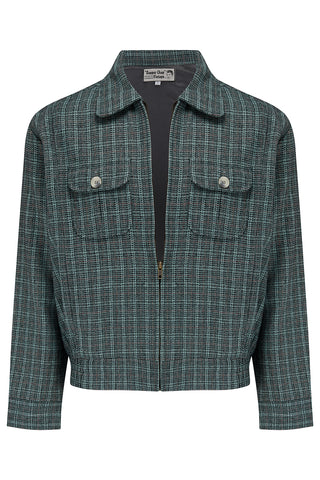The Mens "Ricky" Sport Jacket In Teal Grey Check, 100% Wool With Satin Lining .. 1950s Vintage Menswear (Wool No5)