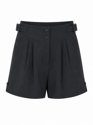 The "Riviera" Ladies High Waist Pleated Summer Shorts, In Black Viscose Slub
