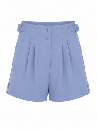 **Sample Sale** (Please Read Description ) The "Riviera" Ladies High Waist Pleated Summer Shorts, In Light Blue Twill Viscose Has A Slight Sheen)