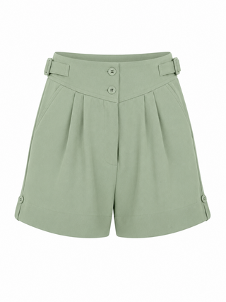 The "Riviera" Ladies High Waist Pleated Summer Shorts, In Sage Viscose Slub